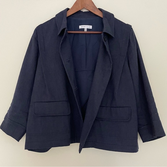 See By Chloe Linen Wool Blazer Boxy Cropped Size 8 Made in Italy Navy Jacket - Picture 7 of 15